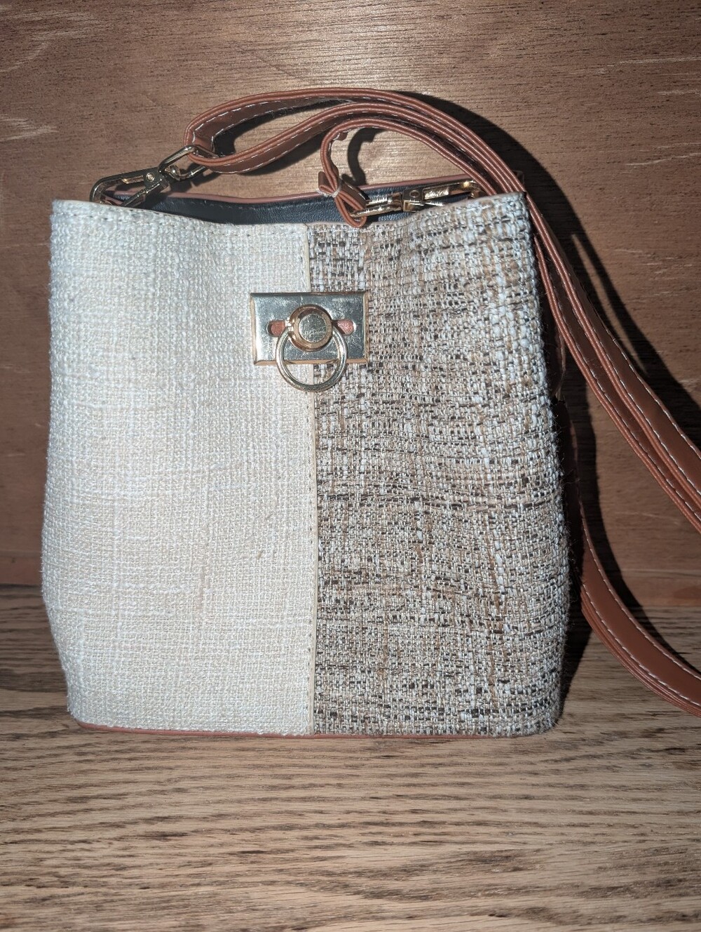 Small Mixed Media Bucket Handbag, Good For Travel, Minimalist
